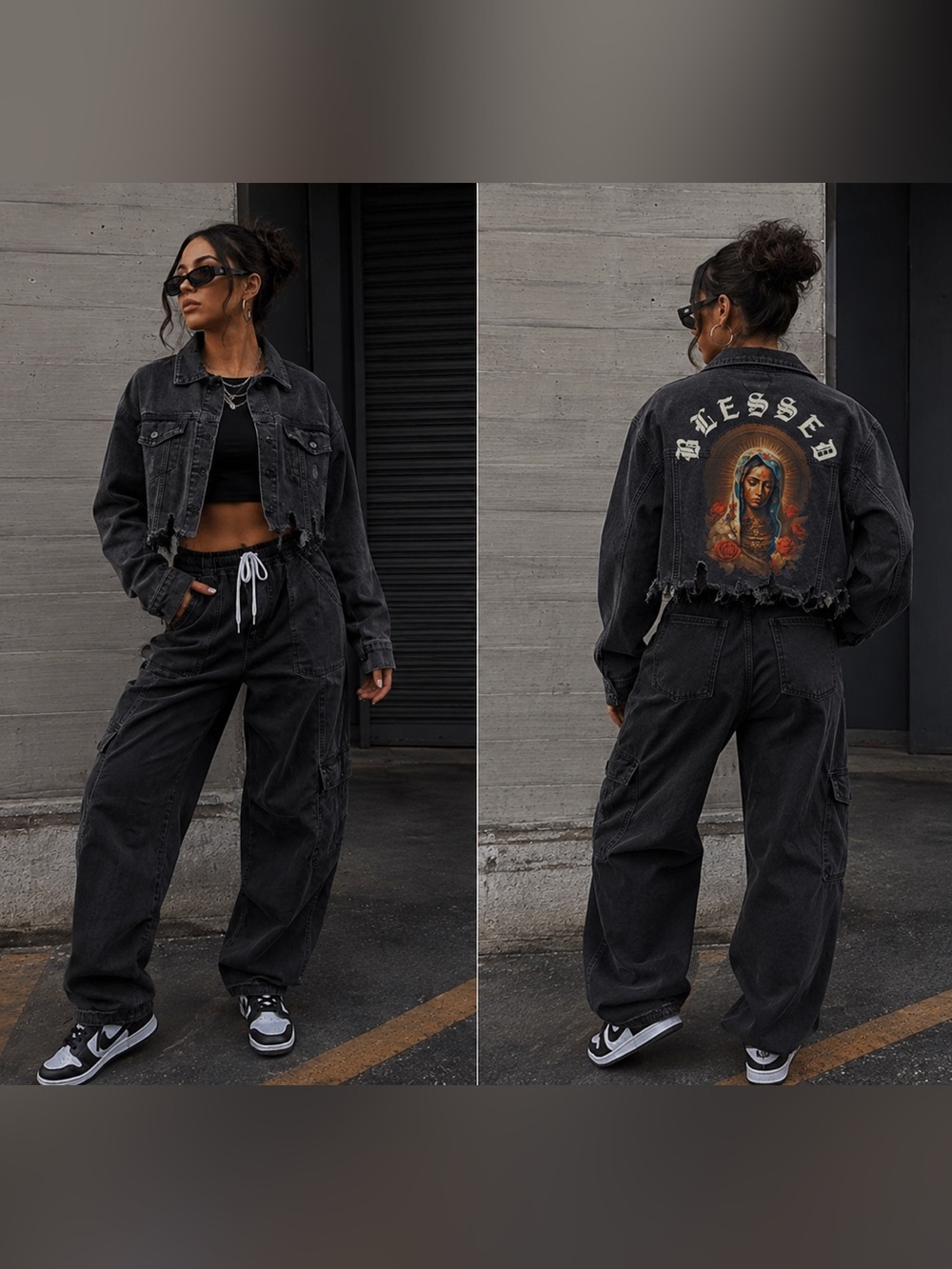 Trio Urban Blessed Virgin Mary Cropped Denim Jacket Black S/M